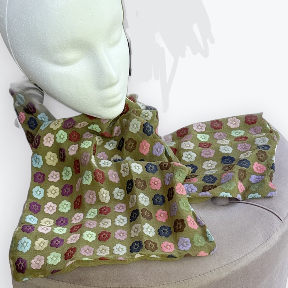 Broché Silk Chiffon Floral Embroidered Long Lightweight Scarf - Made in England